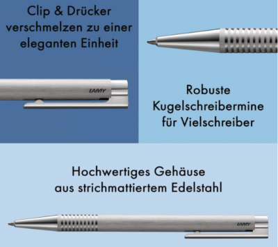 Lamy logo brushed Edelstahl Kugelschreiber sowie Detailbilder der Spitze und des Clips
