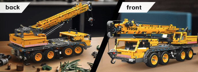 Mould King Technik Kran-LKW Bauset, gelber Schwerlastkran von vorn und hinten