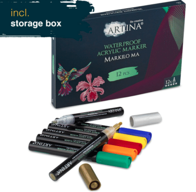 Artina 12tlg Acryl Marker Set liegen vor ihrer dunklen Verpackung