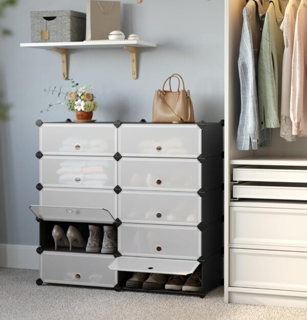 SONGMICS Schuhregal mit 10 Ebenen Steckregal Regalsystem Schuh Organizer DIY Regal mit Tuer aus PP Kunststoff schwarz LPC 2025 06 04 09 57 00