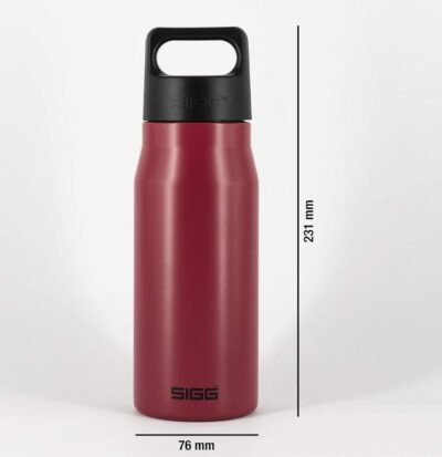 Sigg Edelstahl Trinkflasche in magenta mit ausgeschriebenen Maßen