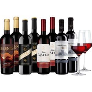 Spanischer Tempranillo Wein im Probierpaket mit zwei Glaesern