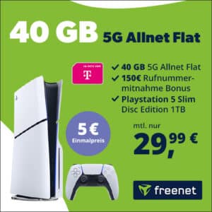 [Eff. 5,20€] Playstation 5 Slim Disc für 5€ mit Telekom Allnet mit 40GB 5G/LTE für 29,99€ mtl. + 150€ RNP Bonus