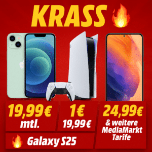 TOP 🔥 iPhone 16e für 19,99€ mtl. 🔥 PS5 für 1€ / 19,99€. 🔥 Galaxy S25 für 24,99€ & weitere MediaMarkt Tarife
