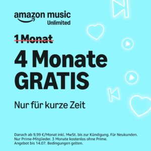 Amazon Music Unlimited 🎶 für 4 Monate GRATIS (3 Monate ohne Prime) testen 🎸 100 Mio. Songs streamen (Neukunden)