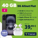 [Tarif eff. 2,66€!] Apple iPhone 16 + AirPods Pro 2 für 149€ mit 40GB 5G Telekom Allnet für 39,99€ mtl. + 150€ RNM