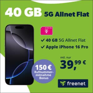Apple iPhone 16 Pro 🍏 für 199€ | 256GB für 319€ + 40GB Telekom 5G Allnet für 39,99€ mtl. + 150€ Wechselbonus (freenet Telekom)