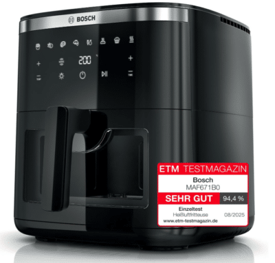 Bosch Heißluftfritteuse Serie 6, XXL 7,2 L Fassungsvermögen, 7 voreingestellte Programme, beleuchtetes Sichtfenster, bis zu 65% schnelleres Kochen, AirFryer in Schwarz, MAF671B0
