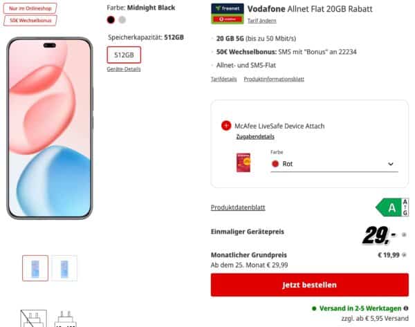 Honor 400 Pro  McAfee LiveSafe Device Attach mit Vertrag  MediaMarkt Tarifwelt 2025 08 19 09 28 09