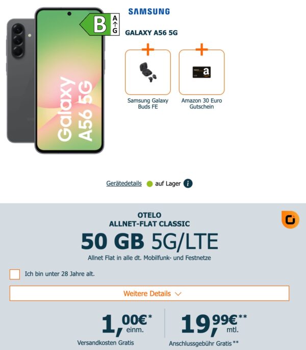 Otelo Allnet Flat Classic mit Samsung Galaxy A56 Galaxy Buds FE 30 Amazon Gutschein 2025 08 19 15 01 35 Otelo Allnet Flat Classic mit Samsung Galaxy A56 Galaxy Buds FE 30 Amazon Gutschein 2025 08 19 15 01 35