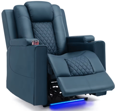 Blauer COMHOMA Fernsehsessel Relaxsessel aus Lederimitat und mit ausgeklappter Fußstütze