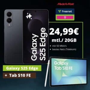 [Noch HEUTE] 328€ Ersparnis 🧨 Samsung Galaxy S25 Edge + GRATIS Galaxy Tab S10 FE für 29€ mit 20GB Telekom 5G für 24,99€ mtl. + 50€ Bonus