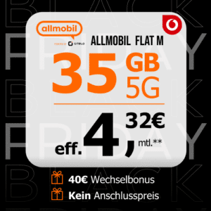 40€ Wechselbonus  🎉 35GB 5G Vodafone Allnet für 5,99€ mtl. | 0,00€ Anschlusskosten | Eff. 4,32€