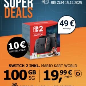 🎮 Nintendo Switch 2 Mario Kart World für 49€ mit 100GB 5G Vodafone Allnet für 19,99€ mtl. + 10€ Bonus (eff. 1,11€ pro Monat)