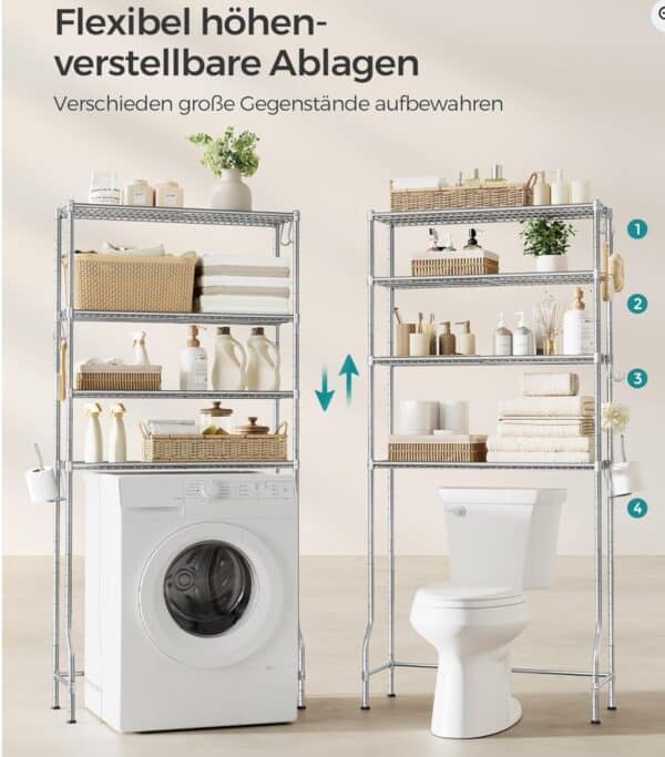SONGMICS 4 stoeckiges Toilettenregal Badezimmerregal Waschmaschinenregal verstellbare Ablagen mit Haken Toilettenpapierhalt 2025 12 17 10 58 41