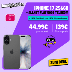 [Eff. 3,29€ mtl.] 🔥 iPhone 17 (256GB) für 139€ im Telekom-Netz (50GB 5G) für 44,99€ mtl. (+300€ BONUS)