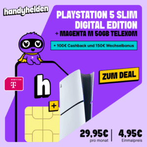 Playstation 5 Slim für 4,95€ - mit Freenet Magenta 50GB 5G Allnet (300Mbit/s) & 150€ Bonus & 100€ Cashback
