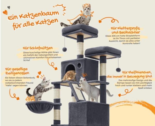 eandrea Kratzbaum gross 206 cm hoch XXL Katzenbaum mit 13 Kratzkolulen 2 Plattformen 2 Hoehlen Korb Haengematte Plueschball 2026 01 13 10 51 48
