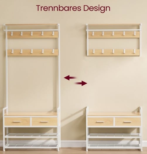 VASAGLE Garderobenstaender   mit Schuhbank goldeichenfarben mattweiss