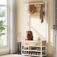 VASAGLE Garderobenstaender mit Schuhbank goldeichenfarben mattweiss