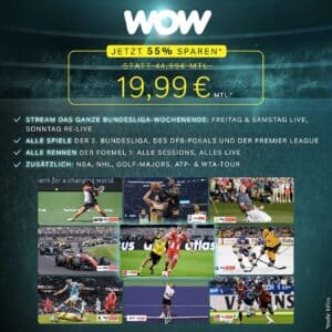 [TOP] Bundesliga, Formel 1, NBA, Tennis, DFB-Pokal & mehr 🎉 WOW Sport für nur 19,99€ mtl. (ehem. Sky Ticket) ⚽ ALLES von Wow für 22,97€
