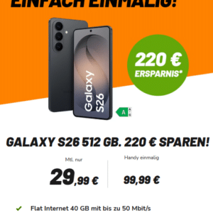 [Eff. 0,78€/Monat] 🔥 Galaxy S26 (512GB) für 100€ + 40GB 5G Telekom Allnet-Flat für 29,99€ mtl.