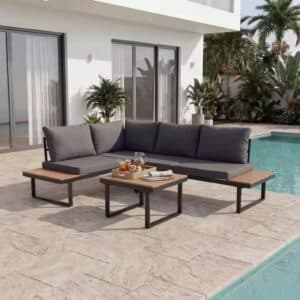 HOMAVO Gartenlounge-Set für 3-4 Personen | L-förmige Eckcouch & Beistelltisch | pulverbeschichtet Stahl | wetterfest