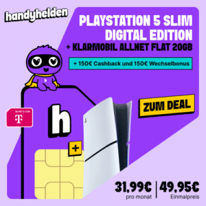 [300€ BONUS] PlayStation 5 Slim Digital für 49,95€ mit TELEKOM mit 20GB 5G für 31,99€ mtl. (Klarmobil)