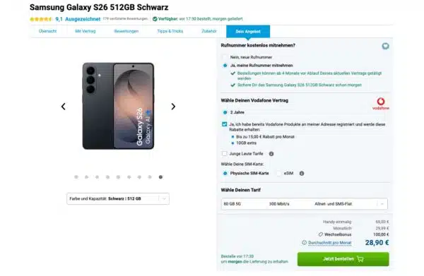 Samsung Galaxy S26 512GB fuer 69 mit 80GB 5G Vodafone Allnet