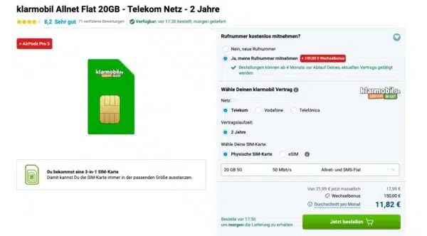 klarmobil Allnet Flat 20GB   Telekom Netz Airpods Pro 3