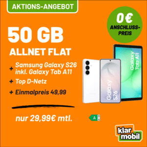 [Vodafone + 5G] Samsung Galaxy S26 + Samsung Tab A11 für 49,99€ + Klarmobil Allnet mit 50GB 5G für 29,99€ mtl. (keine AG!)