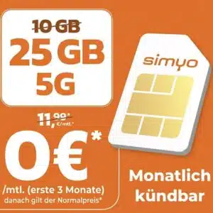 [3 Monate GRATIS + 0€ Anschlusspreis] 25GB simyo 5G Telefonica Allnet für 6,99€ mtl. | Mtl. kündbar!