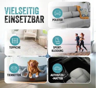 Enzymreiniger Spray 750 ml Geruchsentferner Fleckenentferner vielseitig einsetzbar Verschiedene Anwendungsbeispiele für den Enzymreiniger Spray von Sportkleidung, über Polster bishin zu Autositzen und Tierbetten
