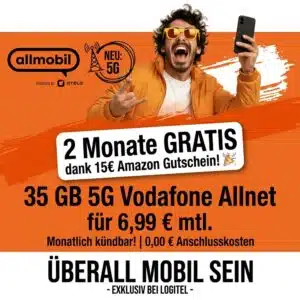 [TOP] 2 Monate GRATIS dank 15€ Amazon Gutschein! 🎉 35GB 5G Vodafone Allnet für 6,99€ mtl. | Monatlich kündbar! | 0,00€ Anschlusskosten