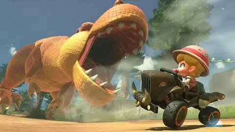 mario kart world offene welt Kart-Fahrer weichen in Mario Kart World einem riesigen Dino aus