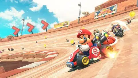 mario kart world rennen Mario fährt in Mario Kart World über eine Wüstenstrecke