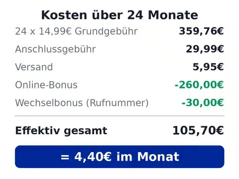 Rechnung zum Super Select L mit 40GB im o2-Netz über 24 Monate
