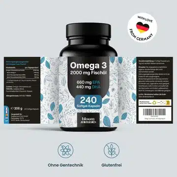Dose und Etikett der Bloom Naturals Omega-3-Kapseln