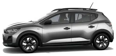 Seitenansicht des Dacia Sandero Stepway in Dolomit-Grau Metallic