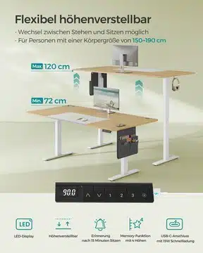 songmics schreibtisch lsd026 ausstattung SONGMICS Schreibtisch LSD026 mit Höhenverstellung, Display und USB-C