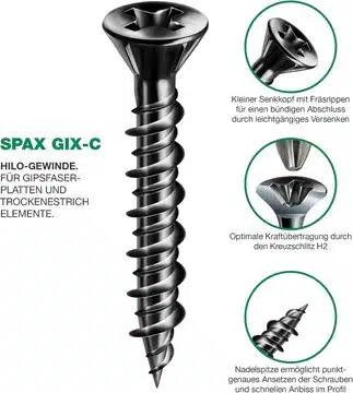 spax gix c schraube details SPAX GIX-C Schraube mit Senkkopf, Kreuzschlitz und Nadelspitze im Detail