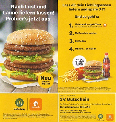 McDonalds Lieferservice: 3€ McDelivery Gutschein mit 15€ MBW über Lieferando  [ab 26.03.] - MyTopDeals