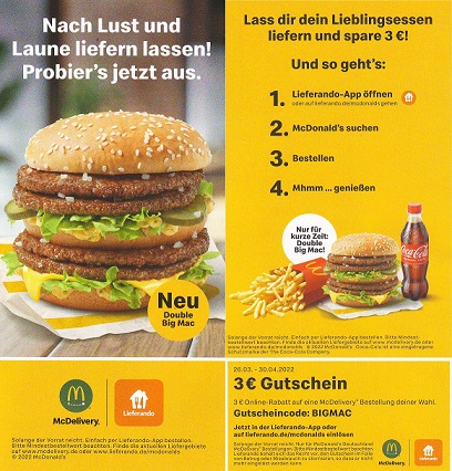 mit über 26.03.] Lieferservice: [ab 3€ Gutschein MyTopDeals McDonalds MBW Lieferando - 15€ McDelivery